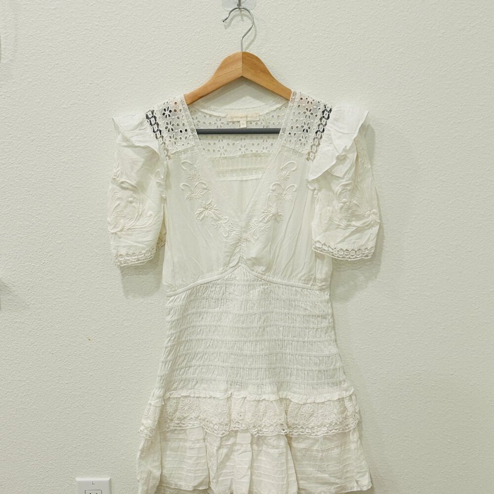 LoveShackFancy White Embroidery V Neck Cotton Mini Dress